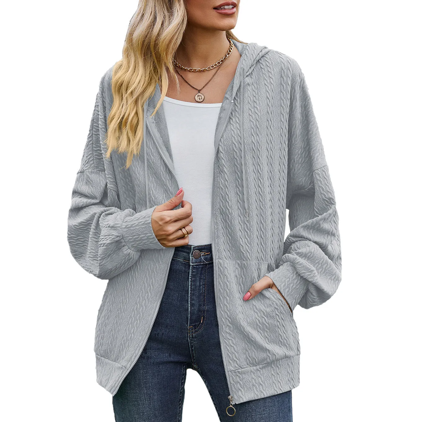 New Solid Pocket Long Sleeve Loose Hooded Women's Coat