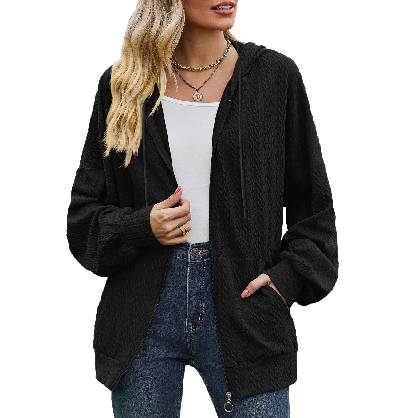 New Solid Pocket Long Sleeve Loose Hooded Women's Coat