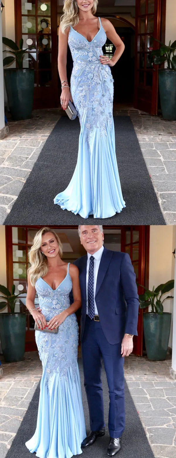 Pale Blue Soft Satin Applique Beading Mermaid Spaghetti Strap Prom Dresses.PD00218