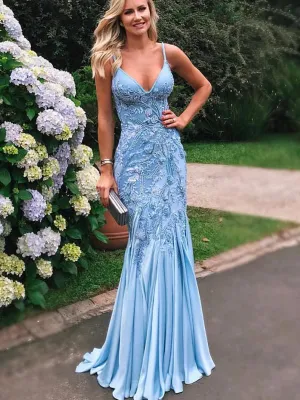 Pale Blue Soft Satin Applique Beading Mermaid Spaghetti Strap Prom Dresses.PD00218