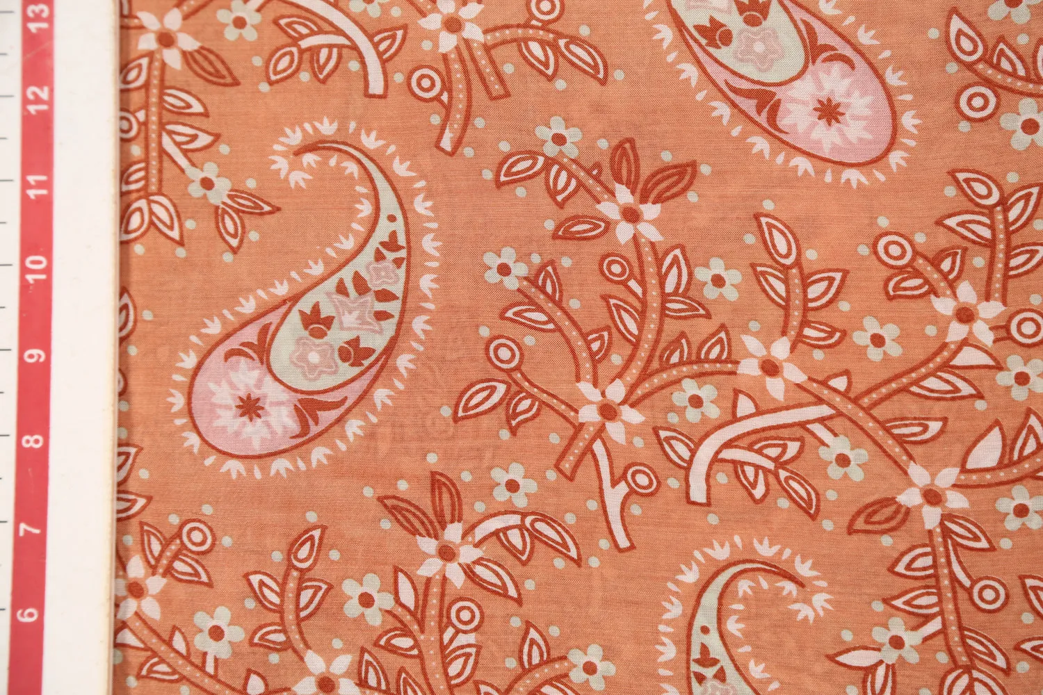 Peach Paisley Printed Muslin Viscose Blend Fabric