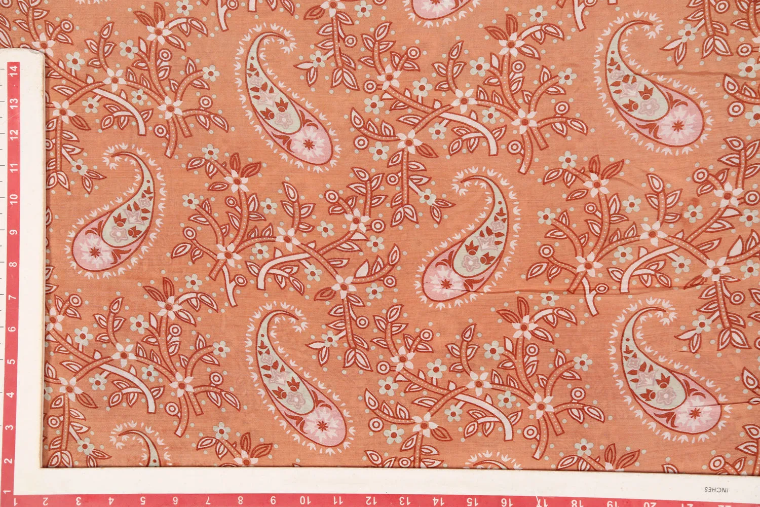 Peach Paisley Printed Muslin Viscose Blend Fabric