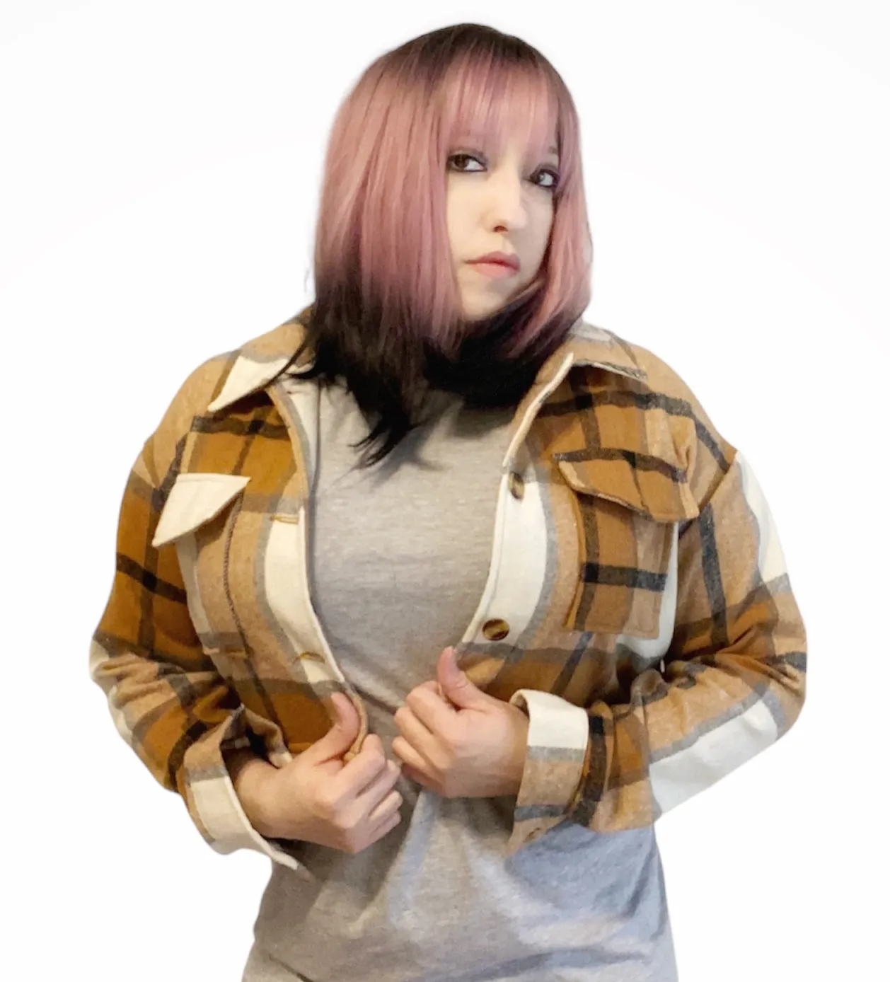 Precious Flannel Plaid Cropped Shacket- Available on tiktok shop