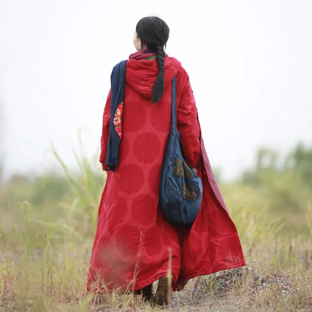 Red Linen Hooded Trench Coat