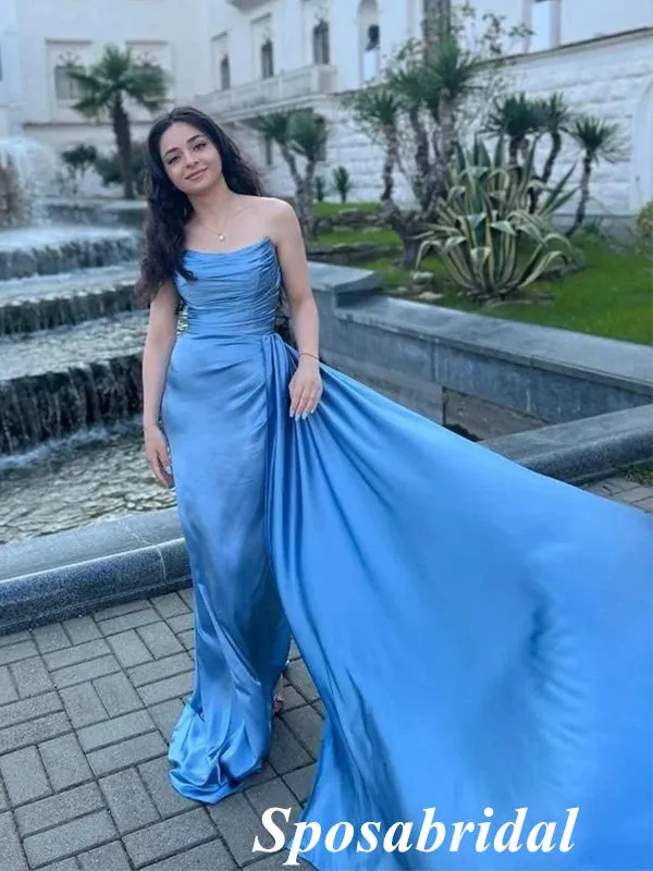 Sexy Blue Soft Satin Sweetheart Mermaid Prom Dresses With Train, PD3862