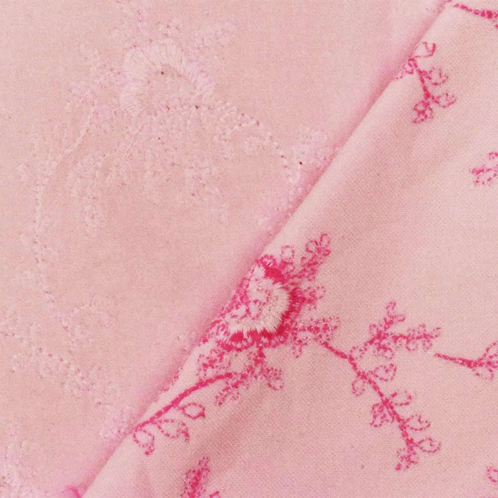 Soft Pink-Magenta Floral Embroidered Cotton Velveteen Woven Fabric