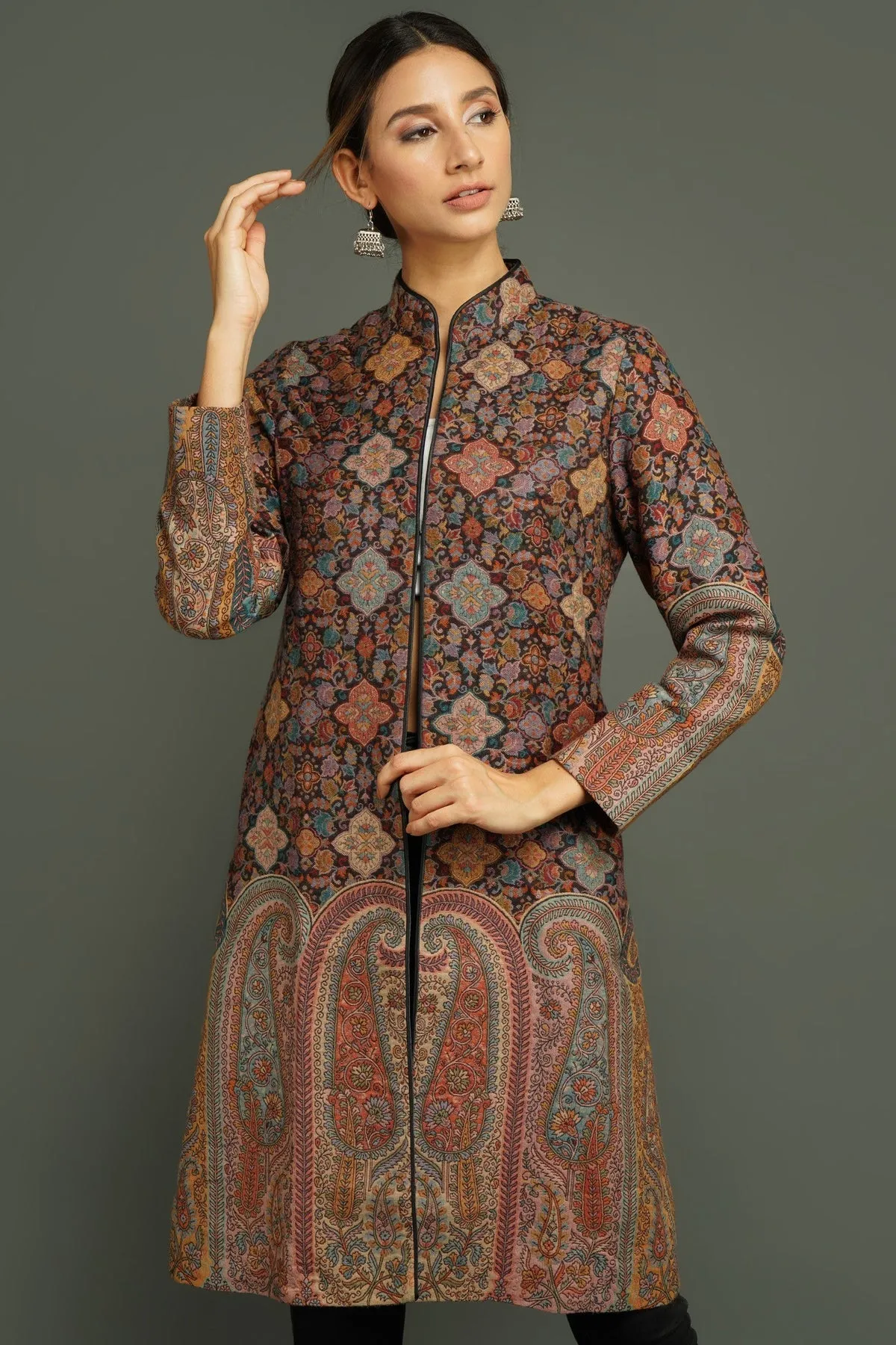 Stunning Kashmiri Woven Around Knee Coat for Women | Made To Order