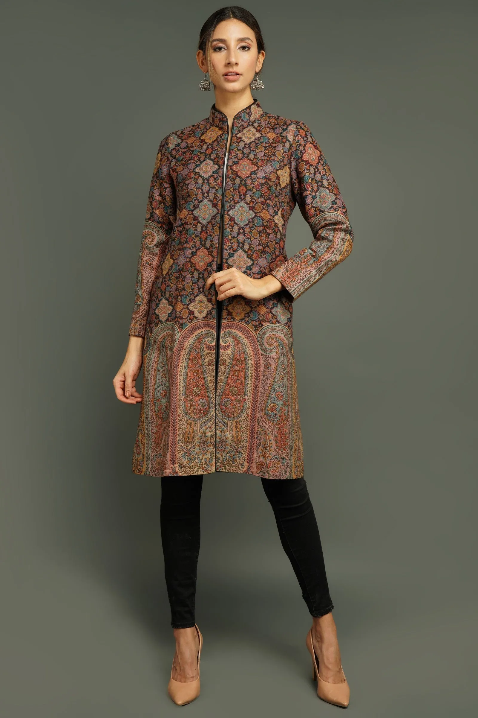 Stunning Kashmiri Woven Around Knee Coat for Women | Made To Order