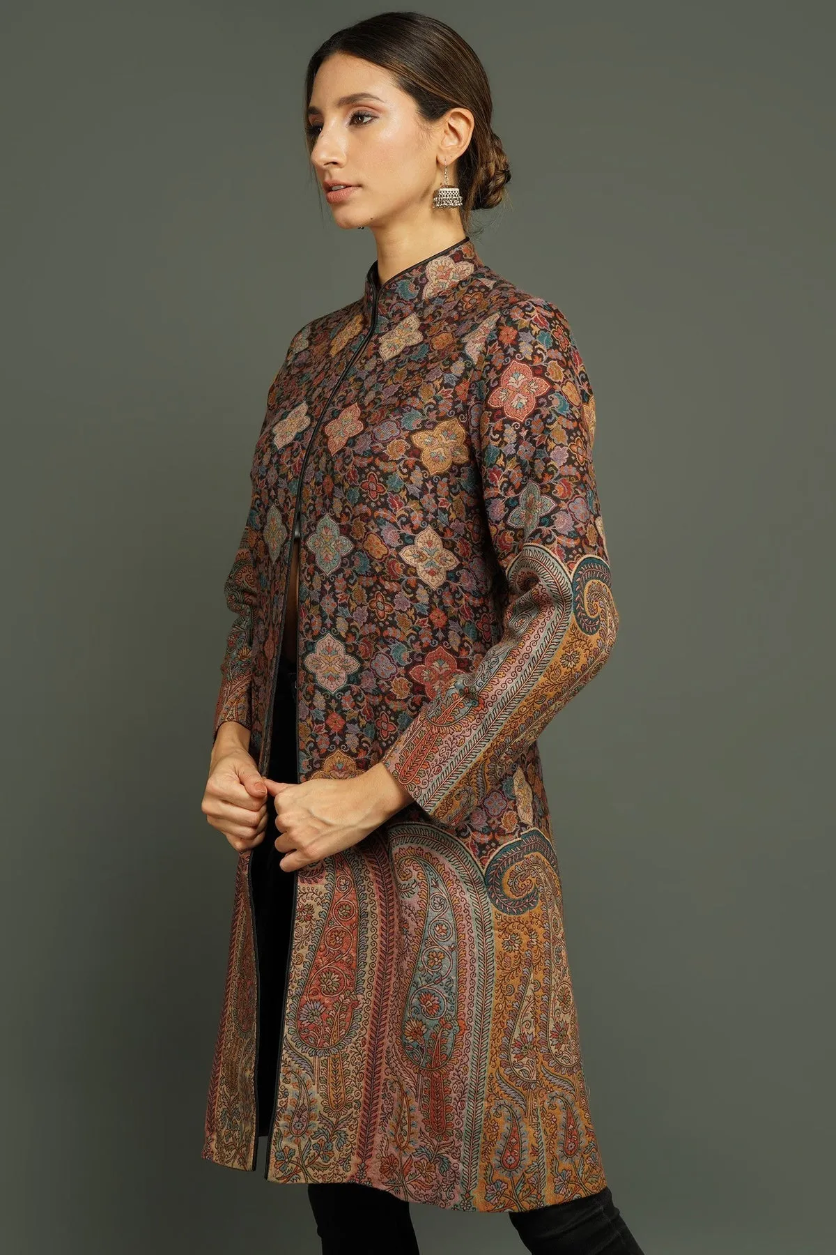 Stunning Kashmiri Woven Around Knee Coat for Women | Made To Order