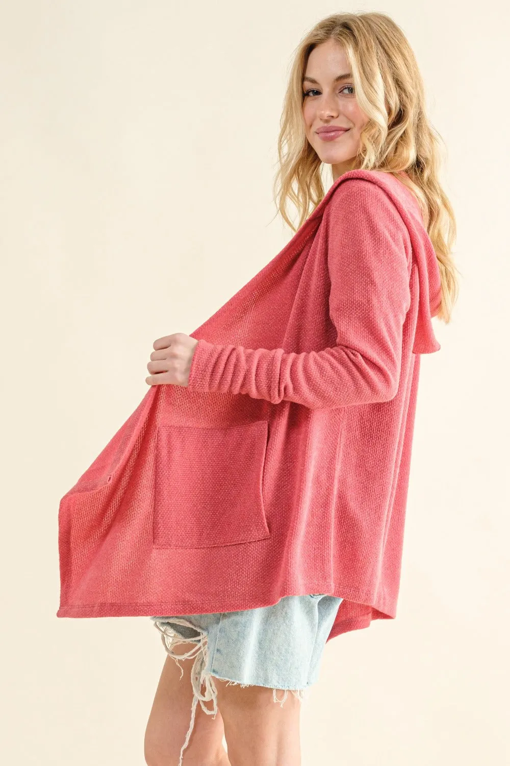 Thermal Hooded Open Front Cardigan with Pockets - Rose Pink