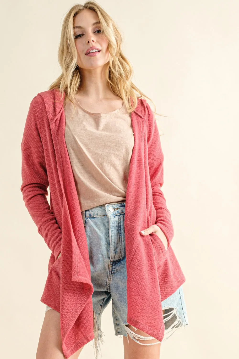 Thermal Hooded Open Front Cardigan with Pockets - Rose Pink