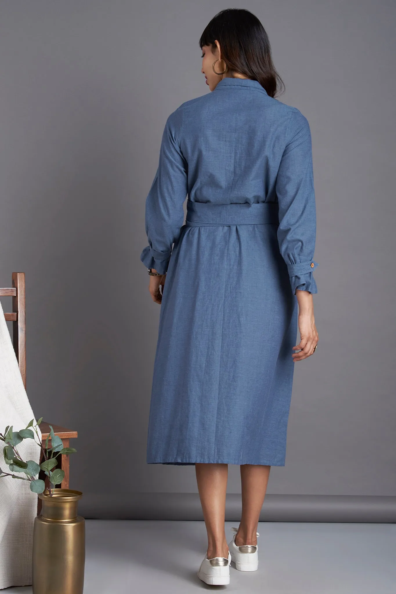 trench coat belt dress - chambray blue & misty surf