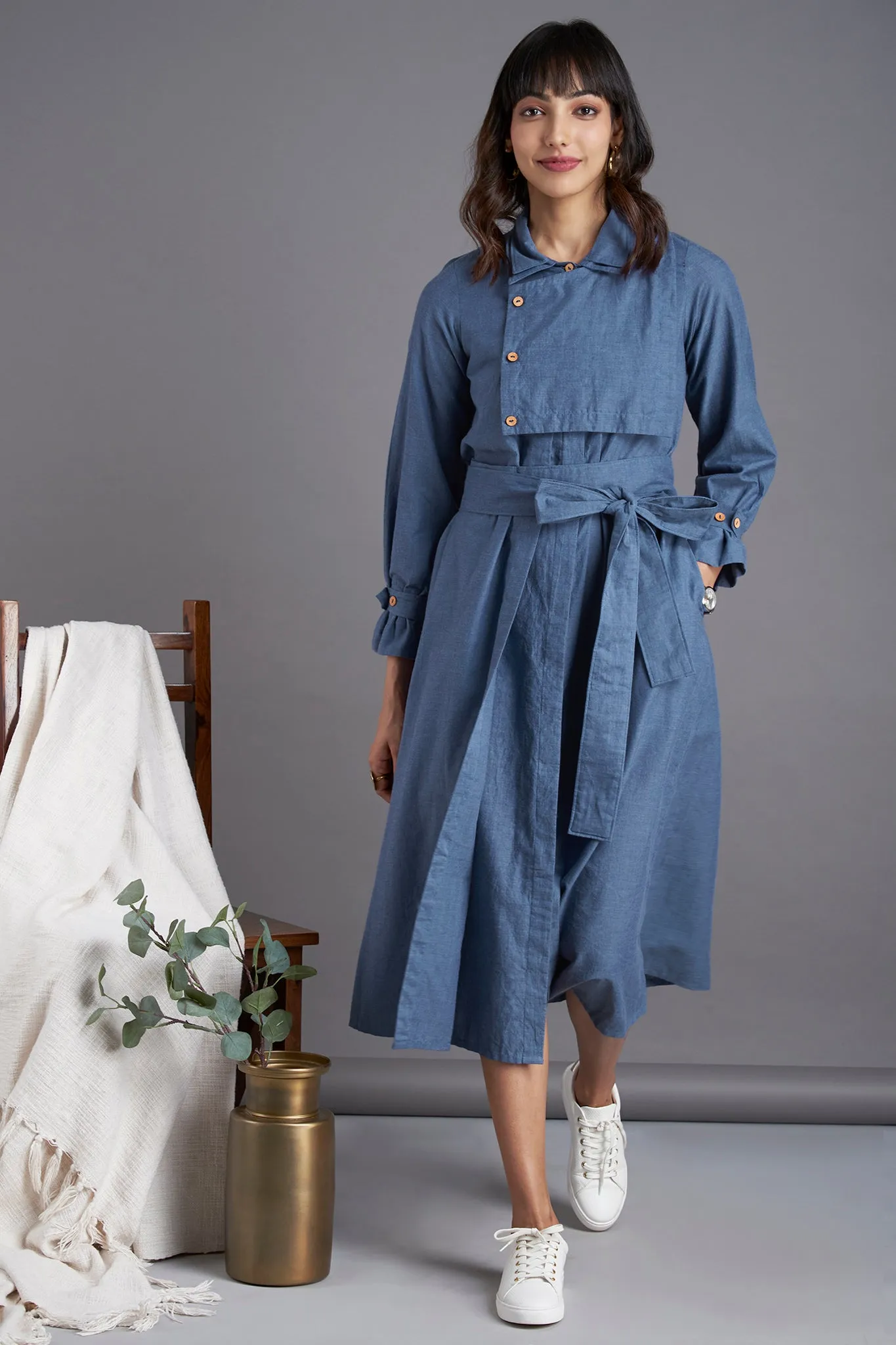 trench coat belt dress - chambray blue & misty surf