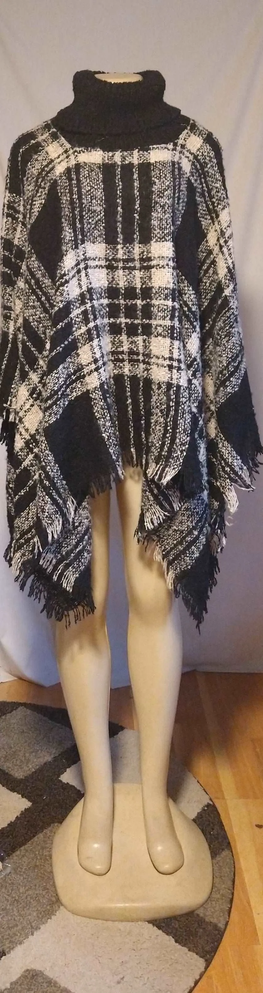 Women's Black Plaid Poncho