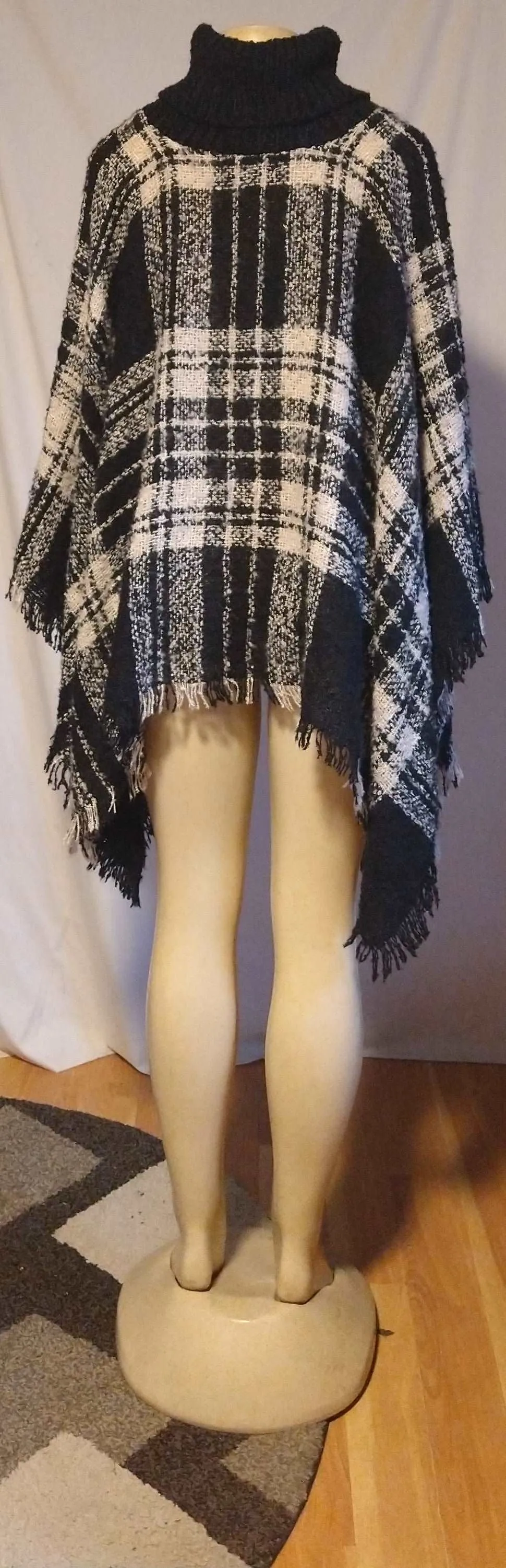 Women's Black Plaid Poncho