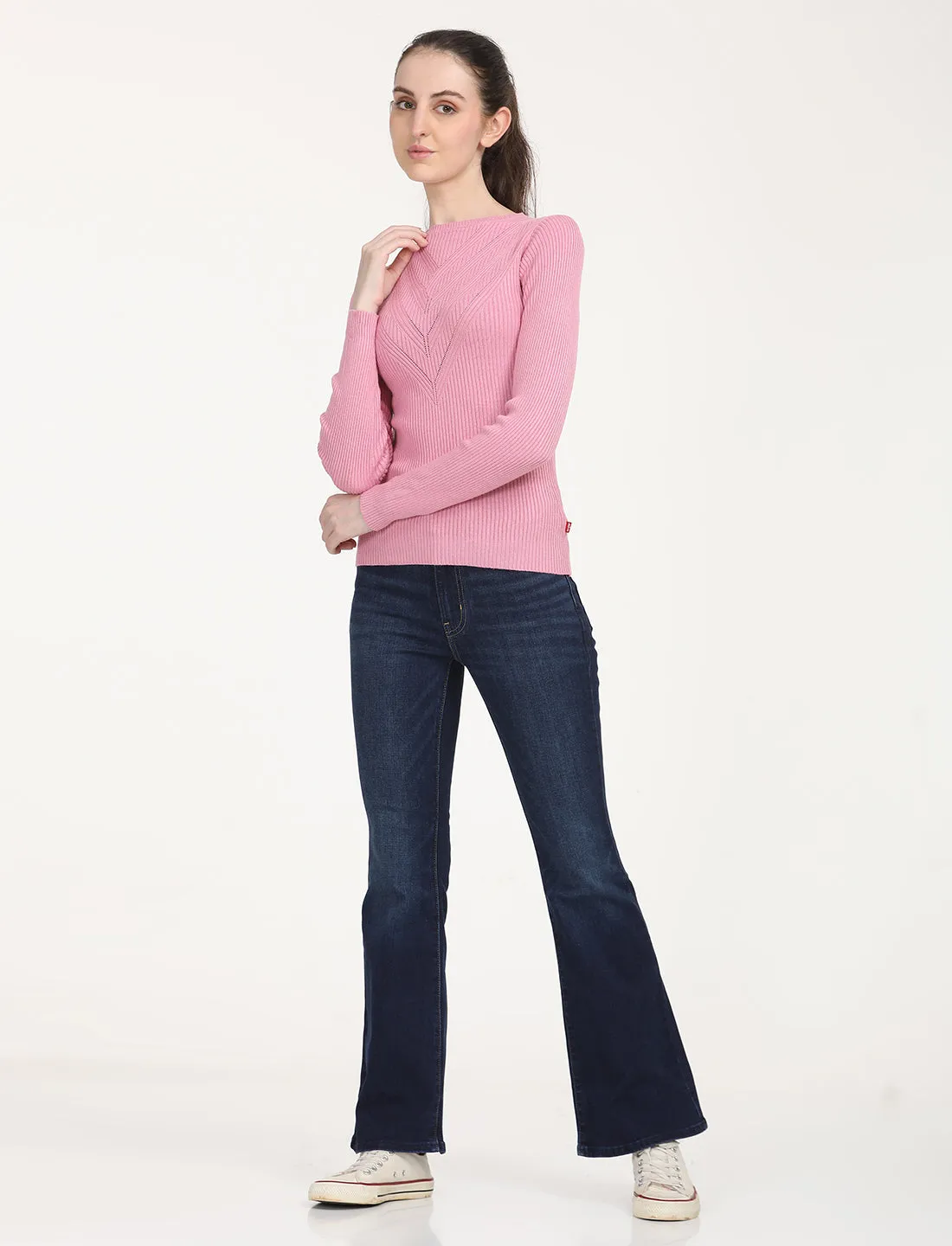 Women's Self Design Pink Round Neck Sweater