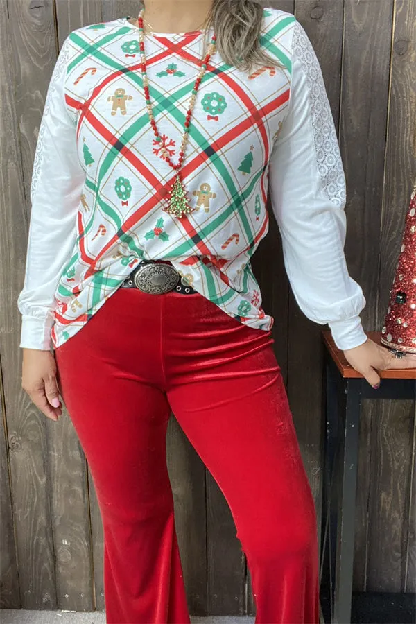 XCH15325 Green/red Christmas elements graphic printed long sleeve w/lace&tighten cuff women tops