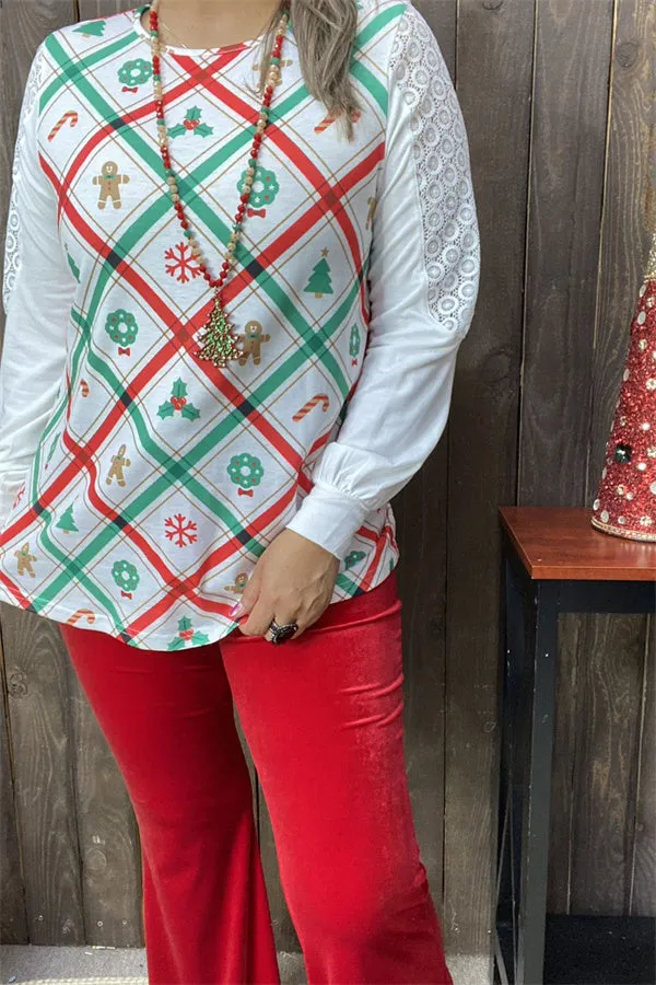 XCH15325 Green/red Christmas elements graphic printed long sleeve w/lace&tighten cuff women tops