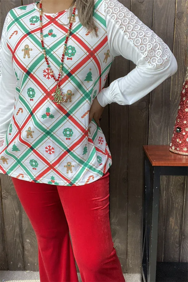 XCH15325 Green/red Christmas elements graphic printed long sleeve w/lace&tighten cuff women tops