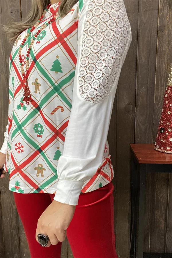 XCH15325 Green/red Christmas elements graphic printed long sleeve w/lace&tighten cuff women tops