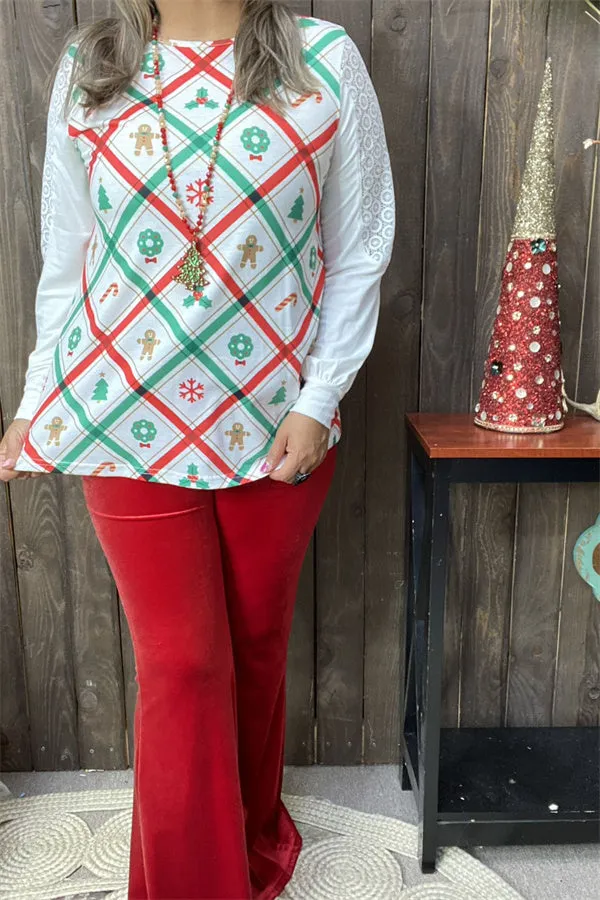 XCH15325 Green/red Christmas elements graphic printed long sleeve w/lace&tighten cuff women tops