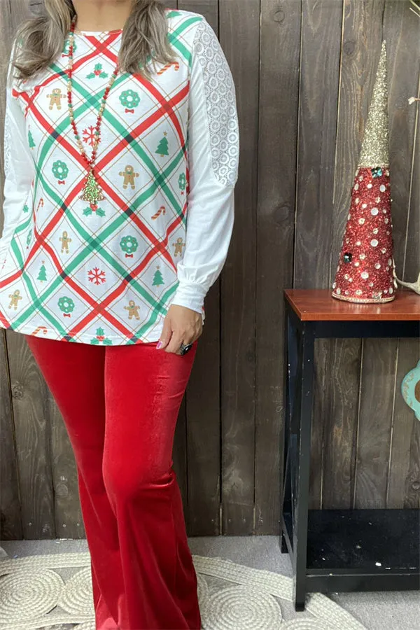 XCH15325 Green/red Christmas elements graphic printed long sleeve w/lace&tighten cuff women tops