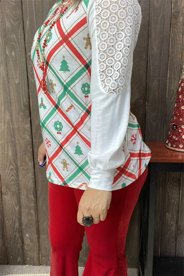 XCH15325 Green/red Christmas elements graphic printed long sleeve w/lace&tighten cuff women tops